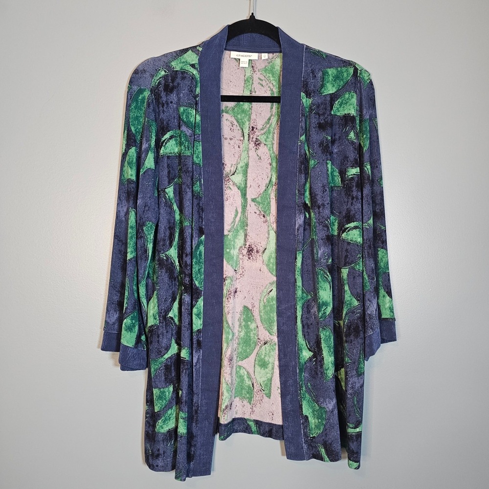 Chicos Open Front Cardigan Blue Green Abstract Leaf Print Women Size M
